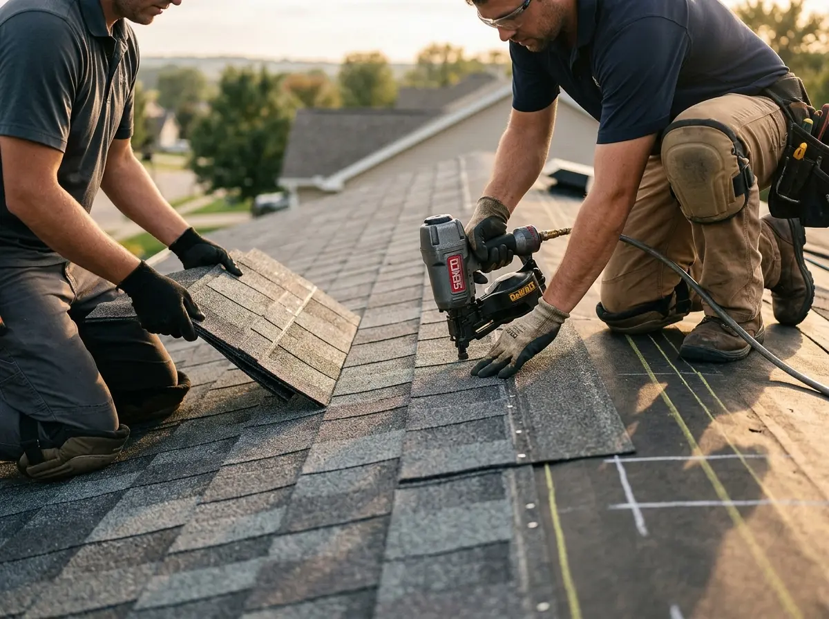 Professional roofer working on a residential roof in Mount Carmel
